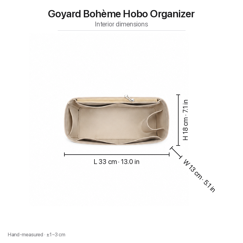 Interior dimensions chart for the Goyard Bohème Hobo felt organizer insert: 33 x 13 x 18 cm
