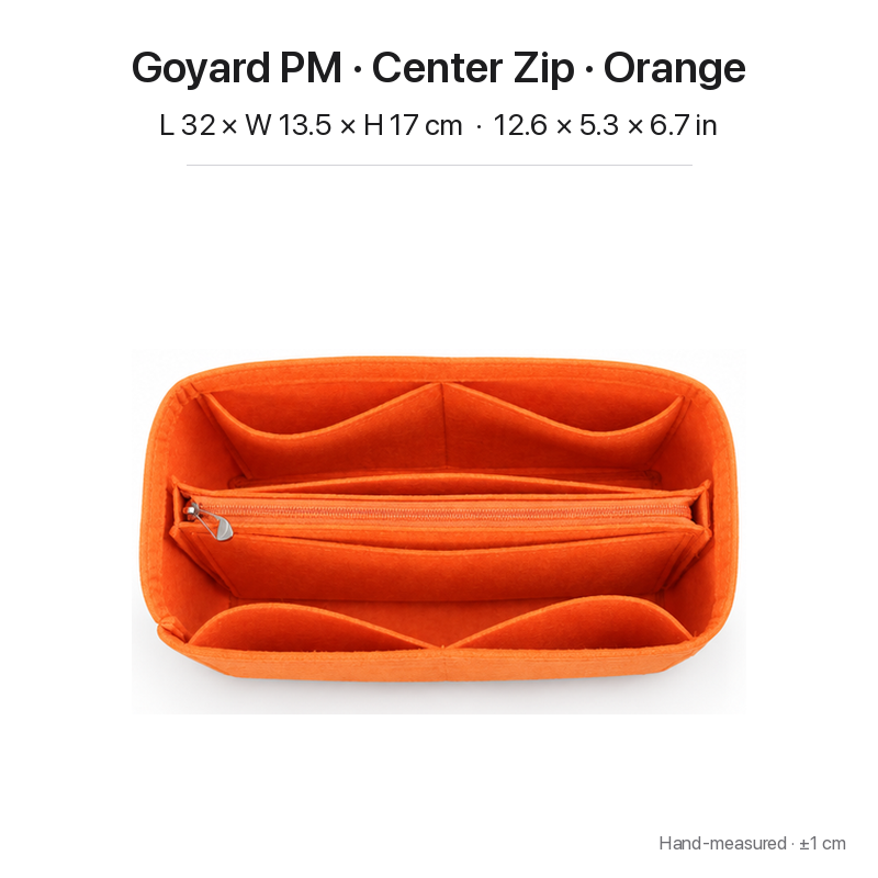 Orange felt bag organizer insert for Goyard Saint Louis PM, center zipper layout, top view showing pockets