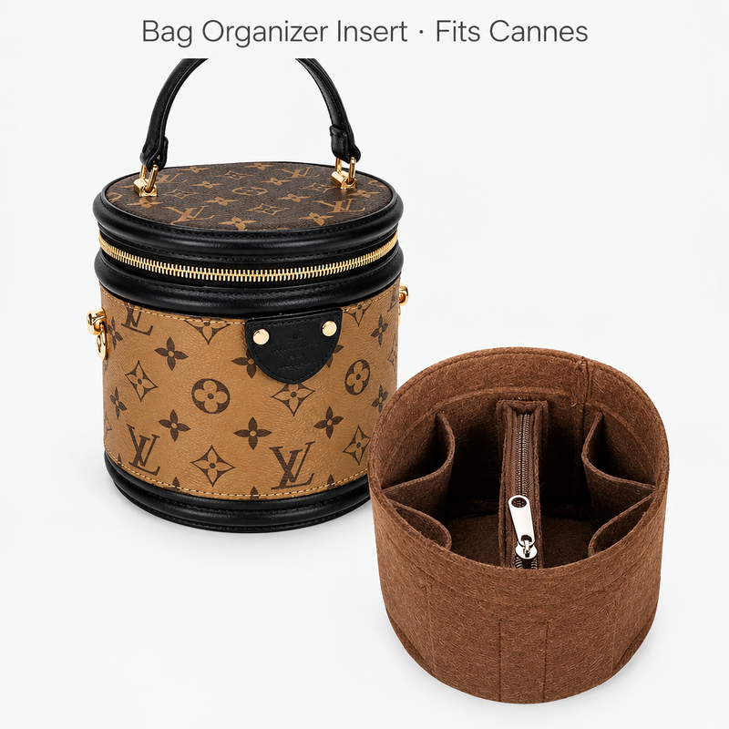 Coffee felt organizer insert for Louis Vuitton Cannes, center zipper, beside the bag with a fit caption