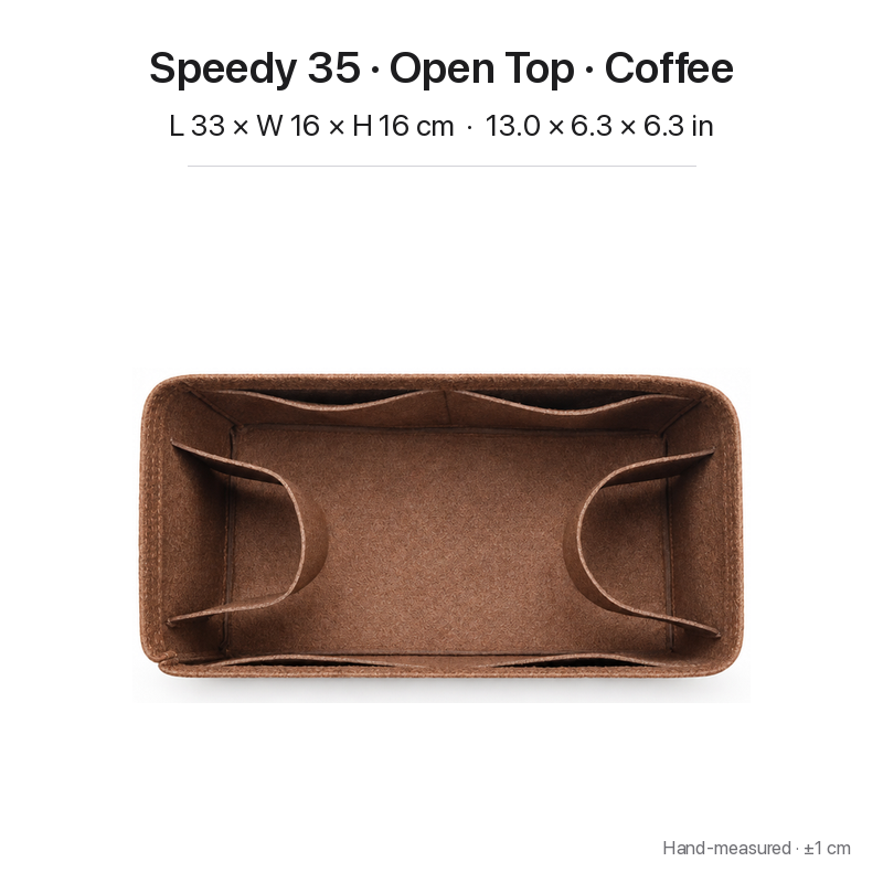 Coffee felt bag organizer insert for Louis Vuitton Speedy 35, open top, top view showing pockets