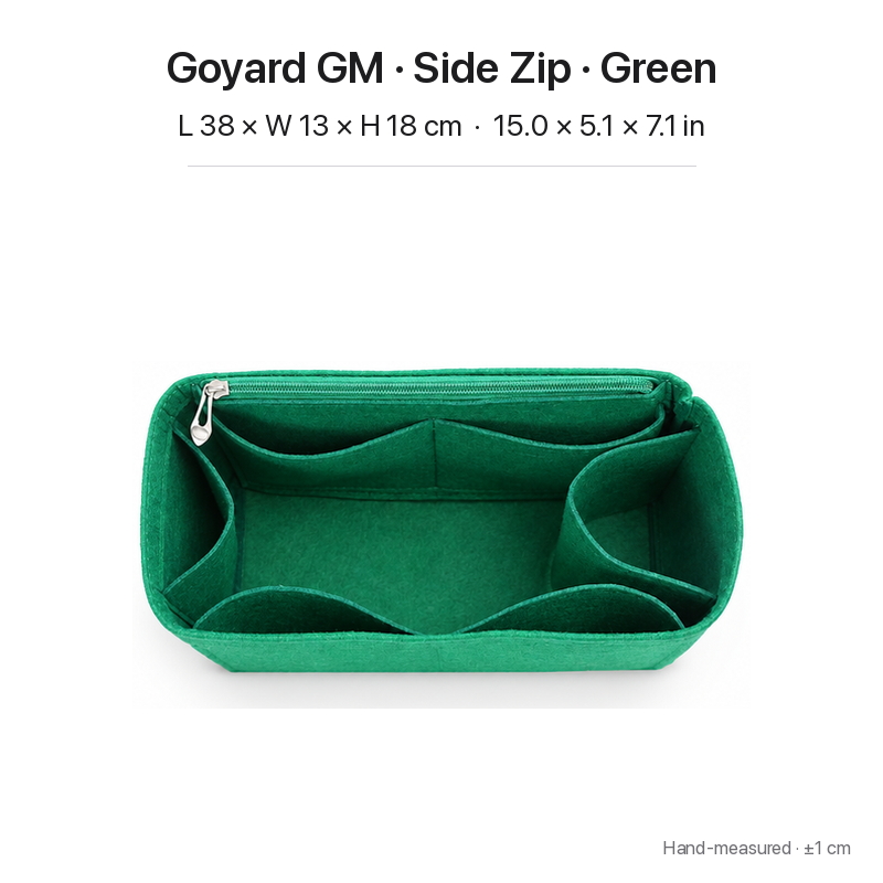 Green felt bag organizer insert for Goyard Saint Louis GM, side zipper layout, top view showing pockets