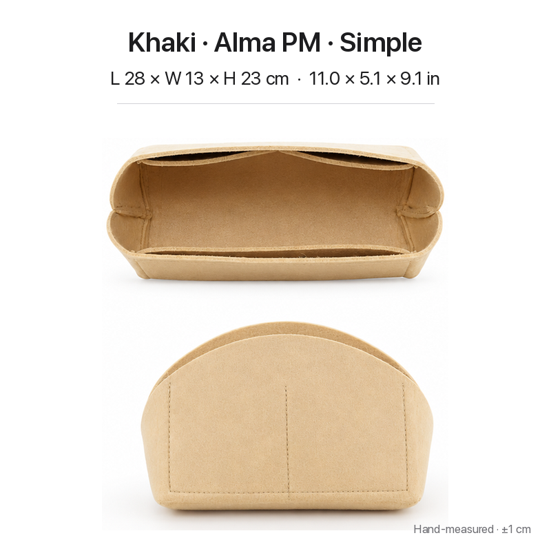 Khaki felt bag organizer insert for Louis Vuitton Alma PM, simple version, top and front views