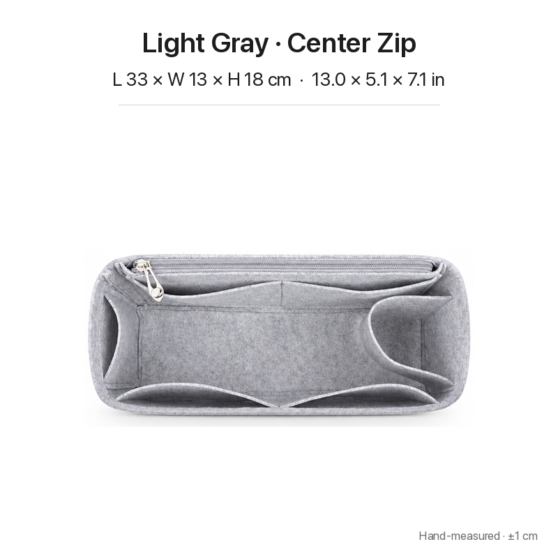 Light gray felt bag organizer insert for Goyard Bohème Hobo, center zipper layout, top view showing pockets