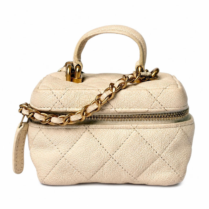 Chanel Mini Top Handle Vanity Case with Chain in beige quilted grained leather with gold hardware, front view
