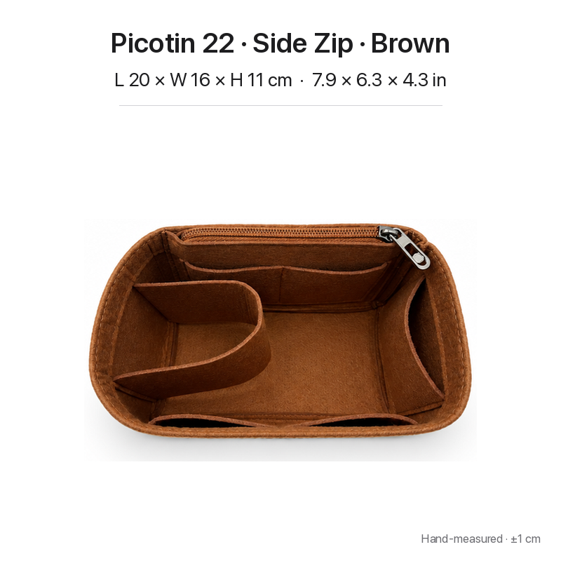 Brown felt bag organizer insert for Hermès Picotin 22, side zipper layout, top view showing pockets