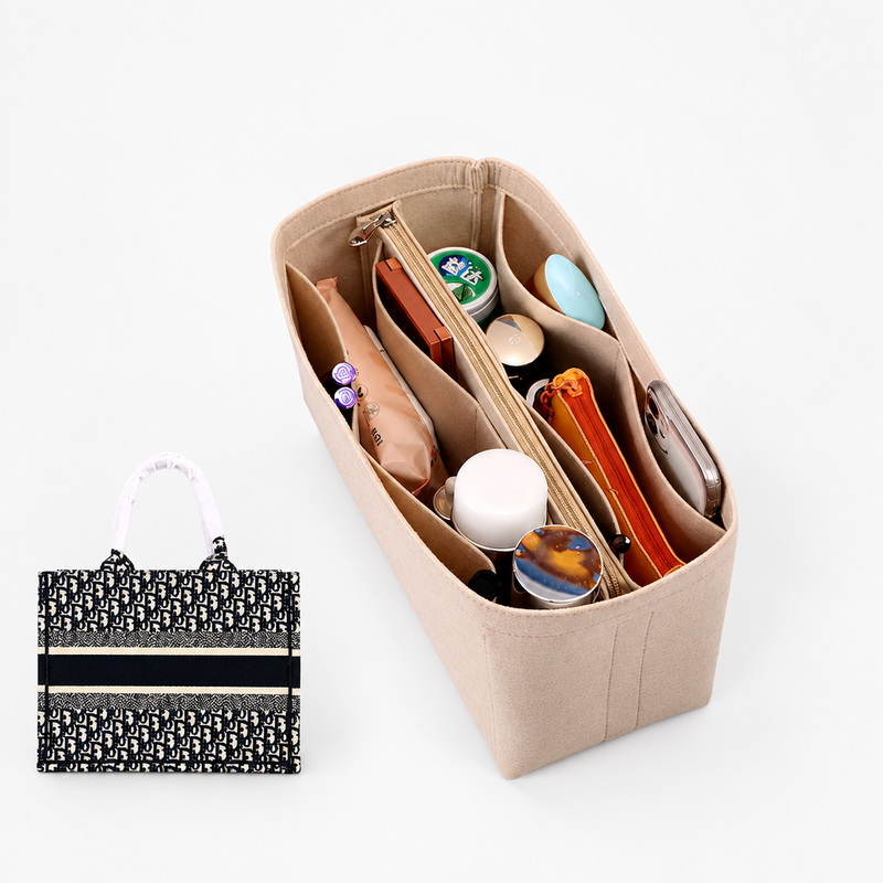 Beige felt organizer insert for Dior Book Tote, angled view of filled pockets, small photo of the tote beside it