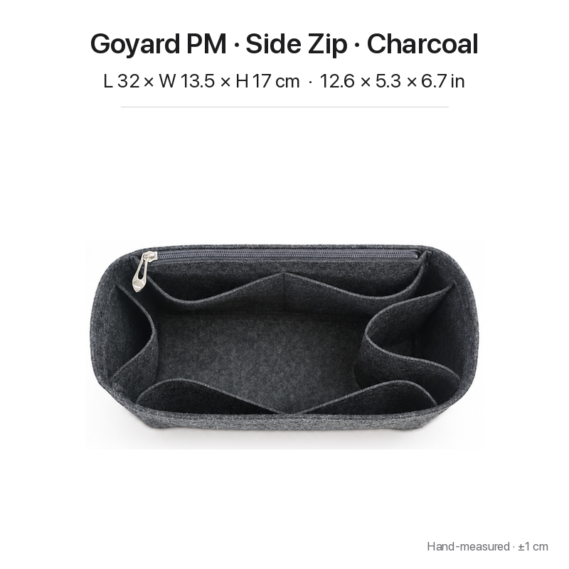 Charcoal felt bag organizer insert for Goyard Saint Louis PM, side zipper layout, top view showing pockets