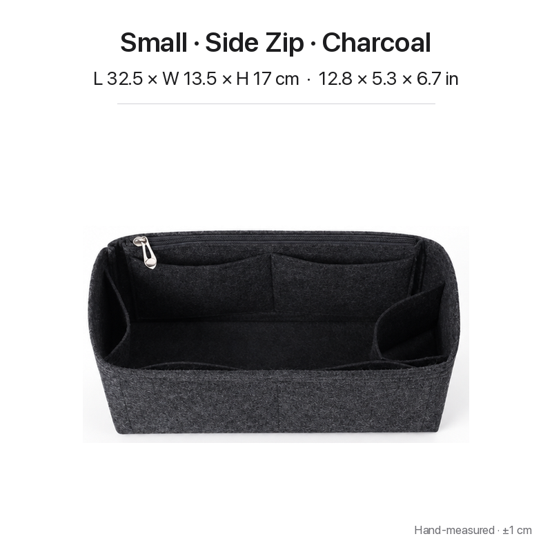 Charcoal felt bag organizer insert for Dior Book Tote Small, side zipper layout, top view showing pockets