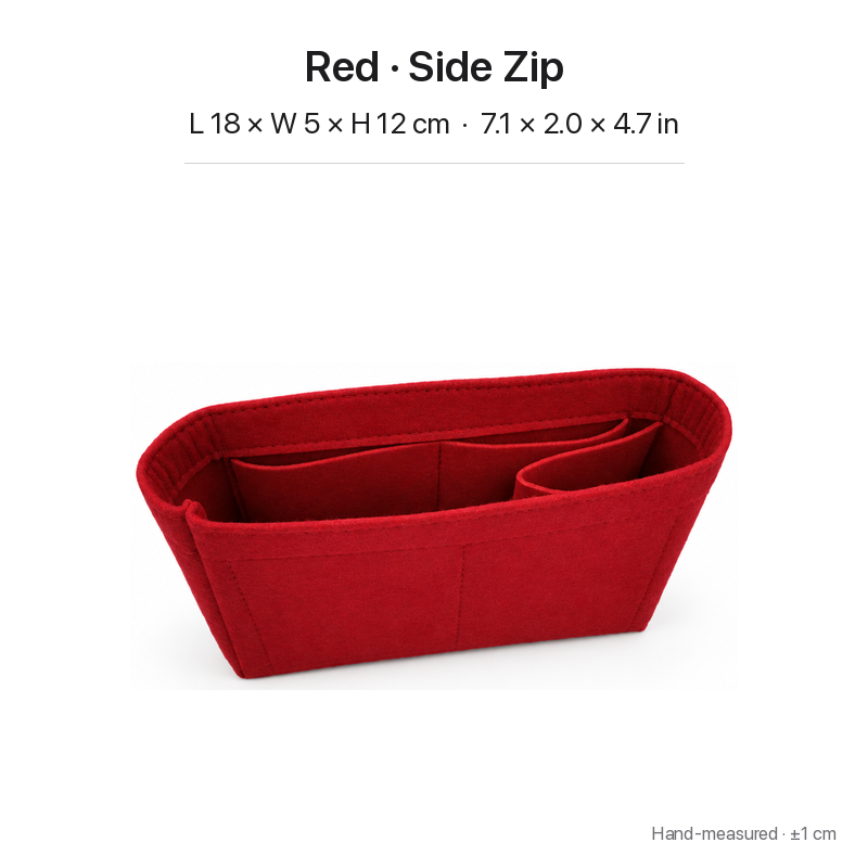 Red felt bag organizer insert for Louis Vuitton Locky BB, side zipper layout, angled view