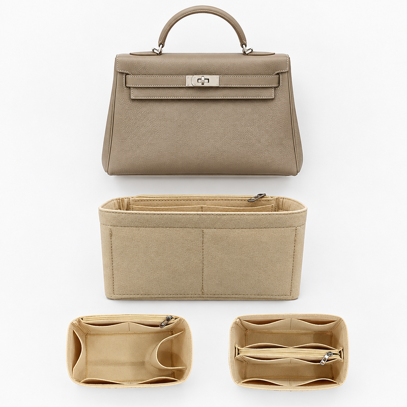 Beige felt organizer insert, front view and two top views, shown below a Hermès Kelly bag