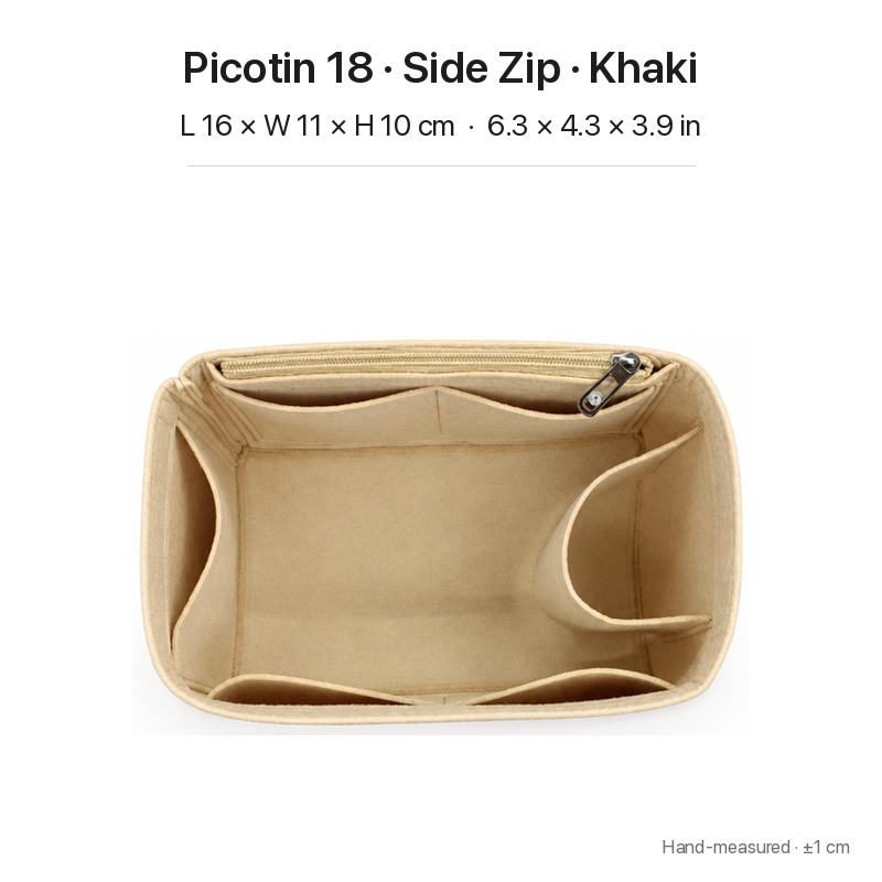 Khaki felt bag organizer insert for Hermès Picotin 18, side zipper layout, top view showing pockets