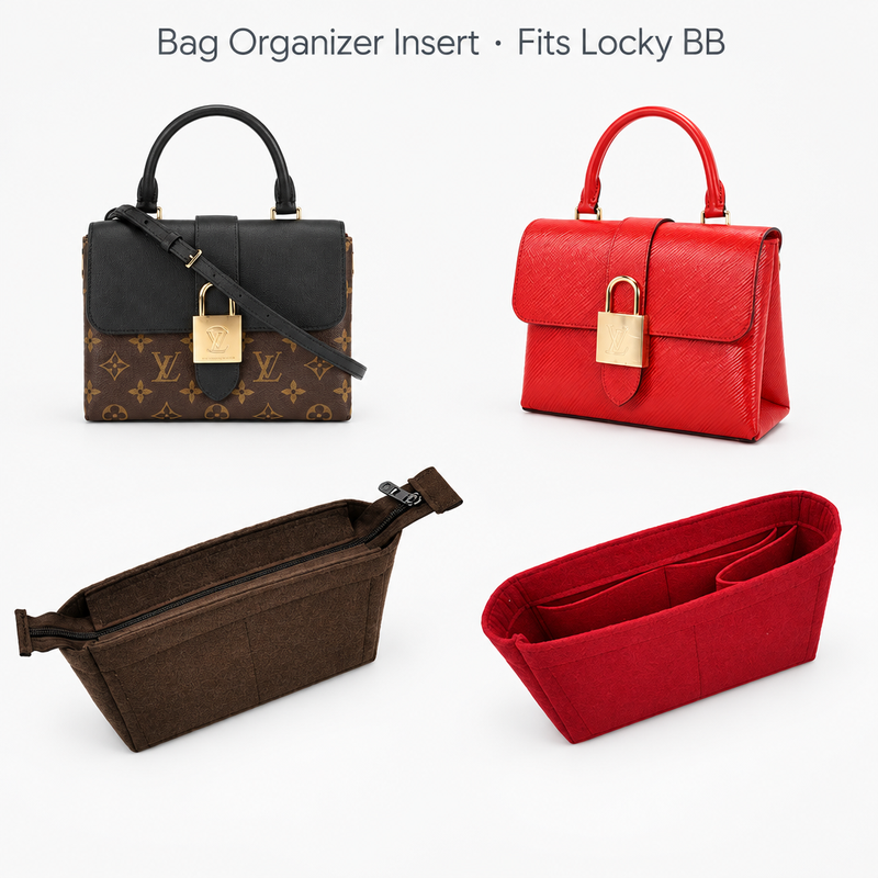 Coffee zipper top and red felt organizer inserts for Louis Vuitton Locky BB beside two Locky bags, with a fit caption