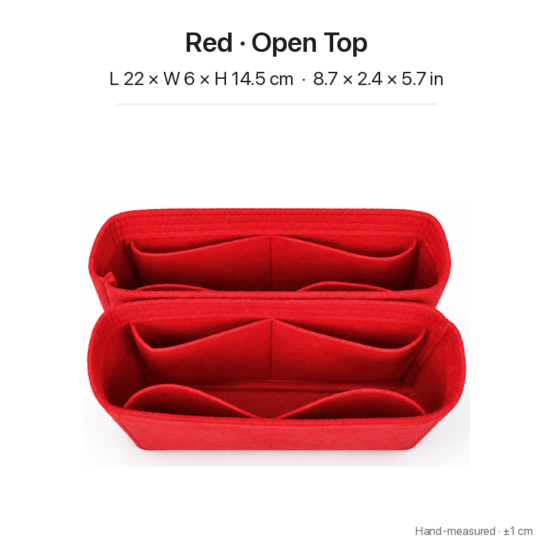 Red felt bag organizer insert for Louis Vuitton NeoNoe MM, open top, two-section top view