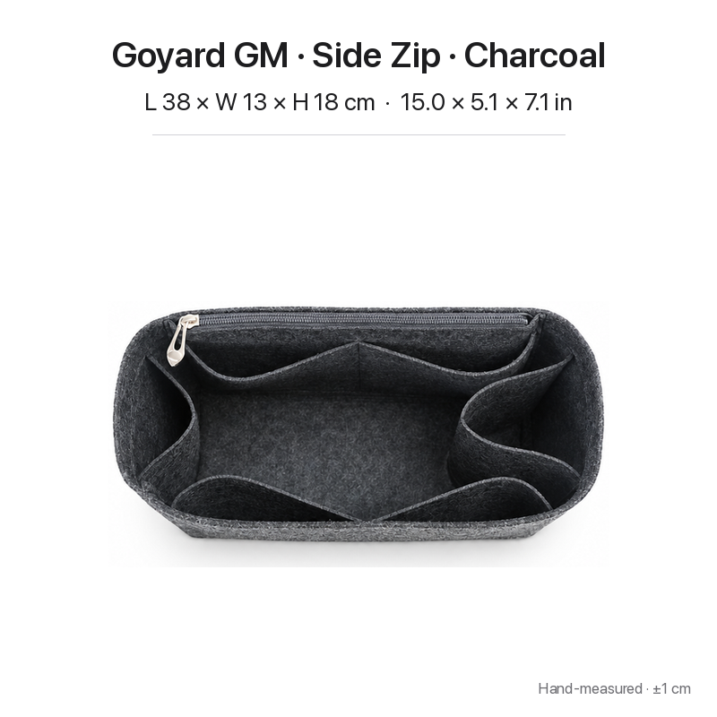 Charcoal felt bag organizer insert for Goyard Saint Louis GM, side zipper layout, top view showing pockets