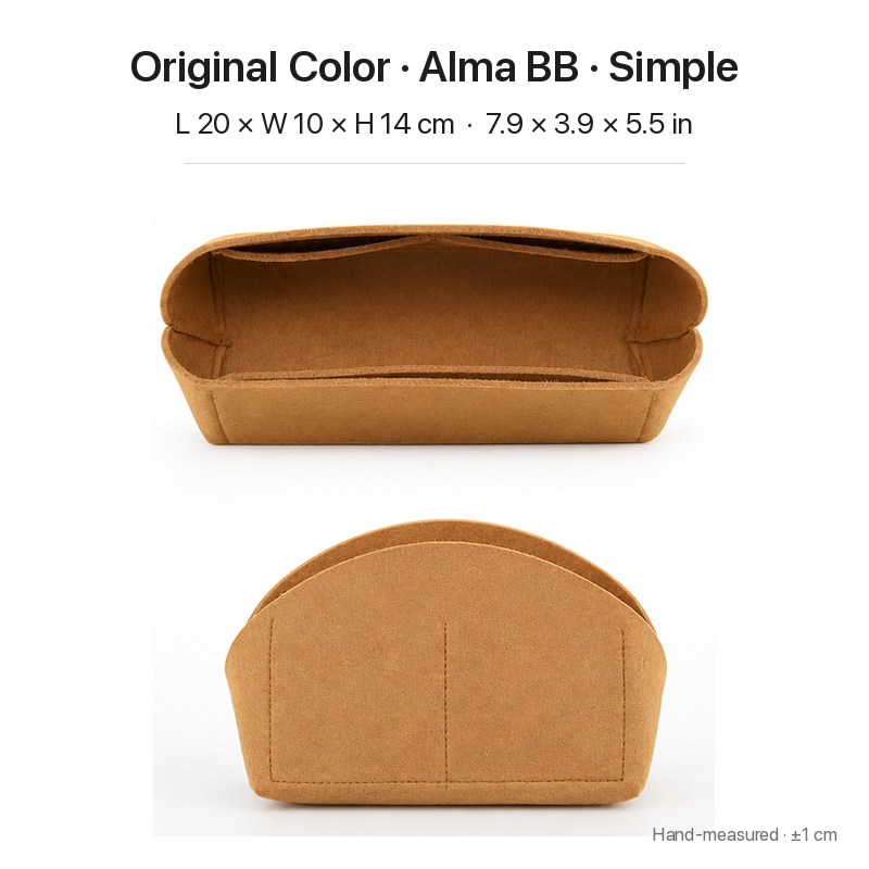 Tan (Original Color) felt bag organizer insert for Louis Vuitton Alma BB, simple version, top and front views