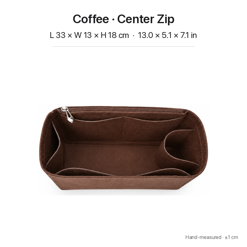 Coffee felt bag organizer insert for Goyard Bohème Hobo, center zipper layout, top view showing pockets
