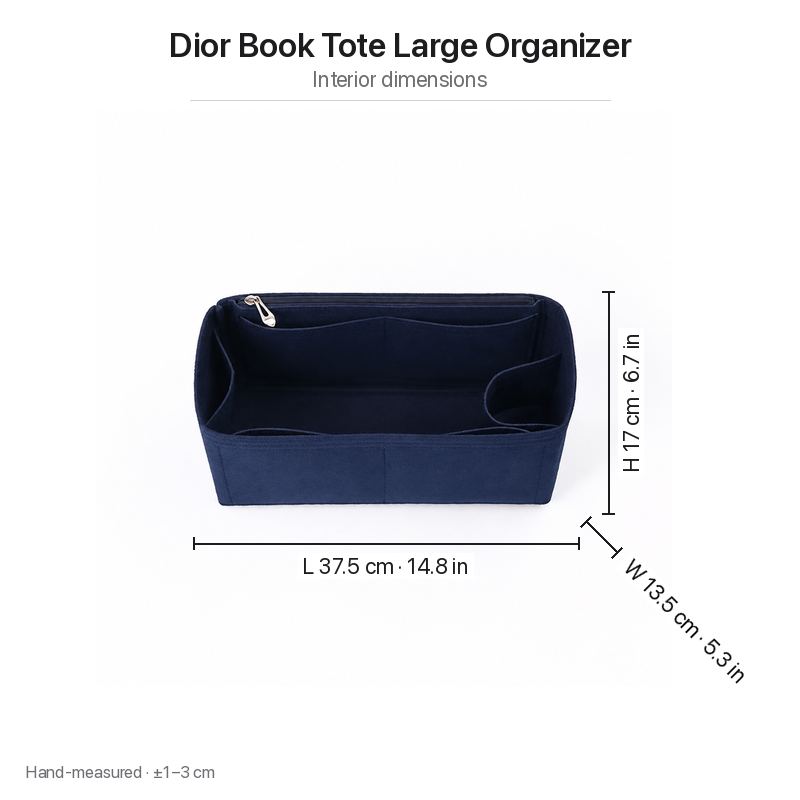 Interior dimensions chart for the Dior Book Tote Large felt organizer insert, navy: 37.5 x 13.5 x 17 cm