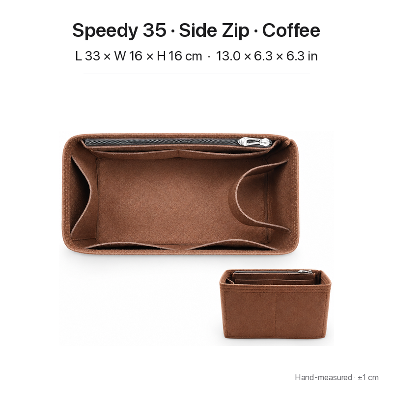 Coffee felt bag organizer insert for Louis Vuitton Speedy 35, side zipper layout, top and front views