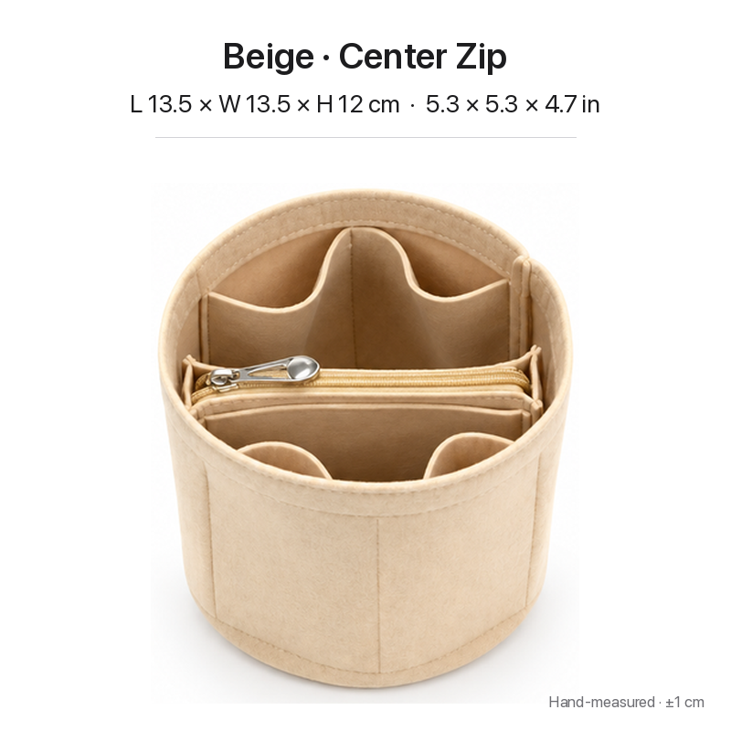 Beige felt bag organizer insert for Louis Vuitton Cannes, center zipper layout, top view showing pockets