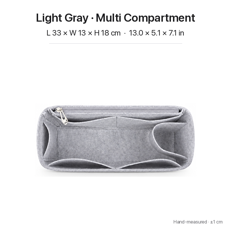 Light gray felt bag organizer insert for Goyard Bohème Hobo, multi-compartment layout, top view showing pockets