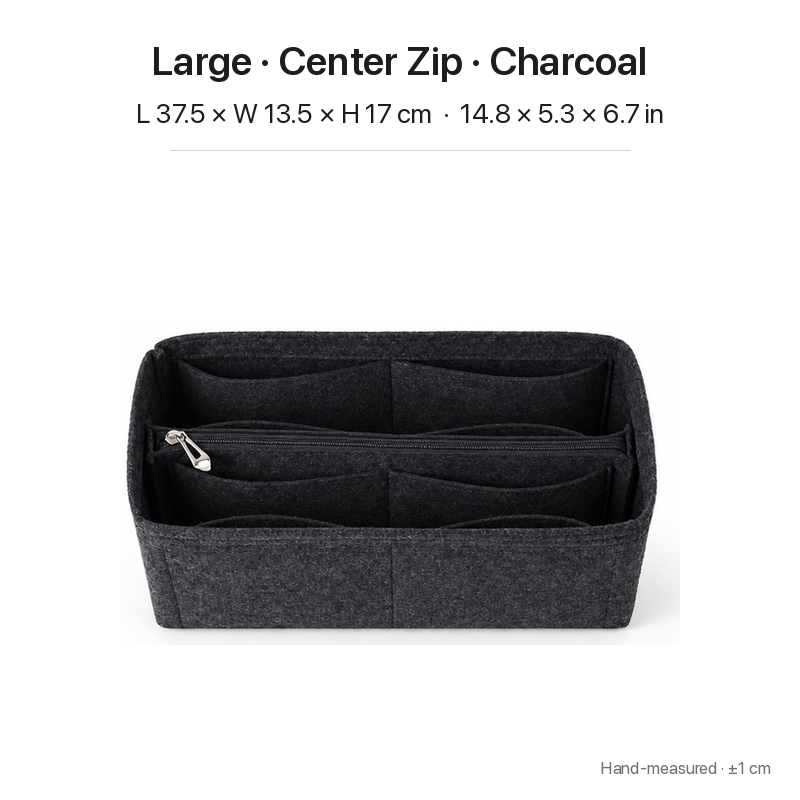 Charcoal felt bag organizer insert for Dior Book Tote Large, center zipper layout, top view showing pockets
