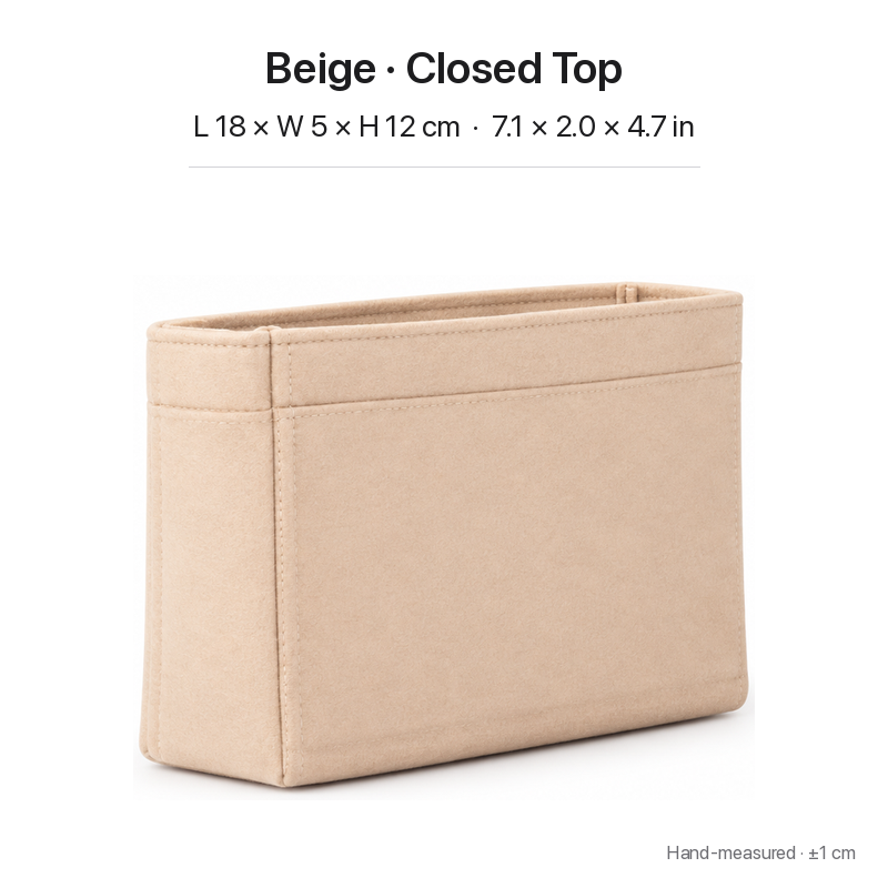 Beige felt bag organizer insert for Louis Vuitton Locky BB, closed top, side view of the boxy shape