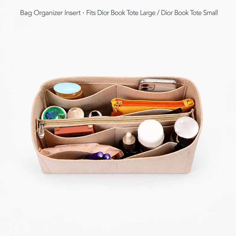 Beige felt organizer insert for Dior Book Tote Small and Large filled with makeup, front view with a fit caption