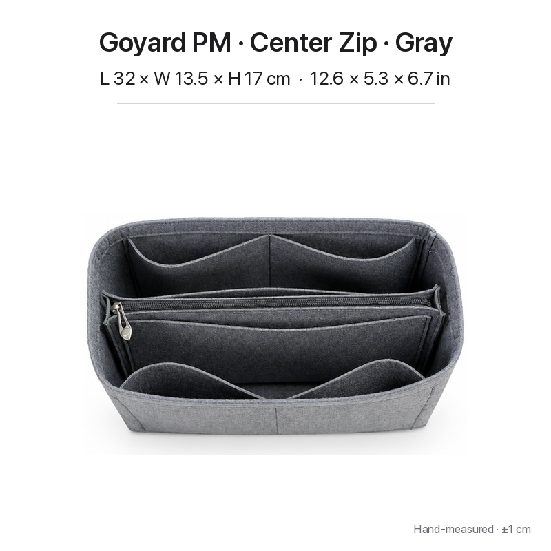 Gray felt bag organizer insert for Goyard Saint Louis PM, center zipper layout, top view showing pockets