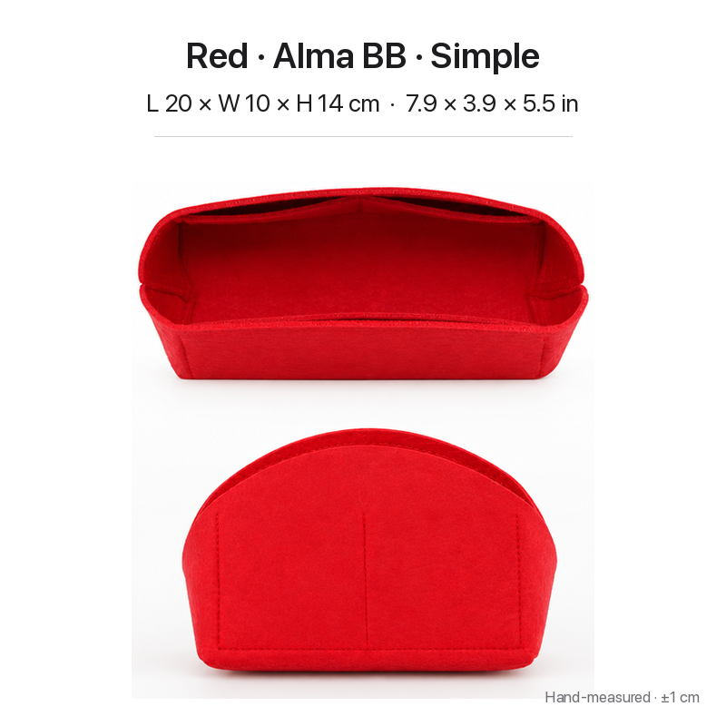 Red felt bag organizer insert for Louis Vuitton Alma BB, simple version, top and front views