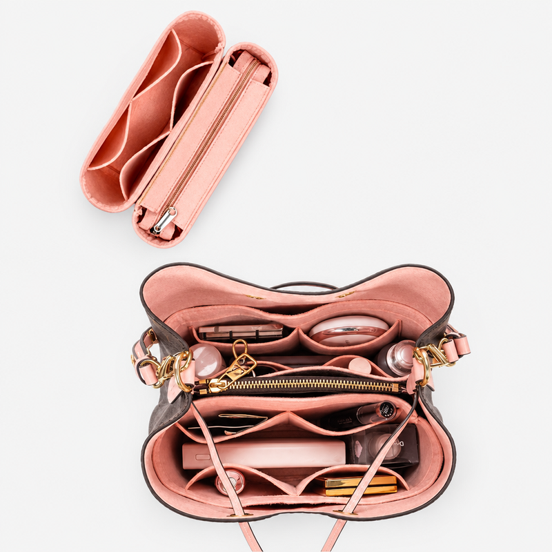 Pink zipper top felt insert from above, and the same insert inside a Louis Vuitton NeoNoe holding makeup