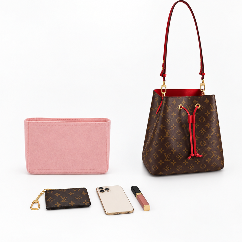 Pink felt organizer insert for Louis Vuitton NeoNoe beside the bag with a key pouch, phone and lip gloss