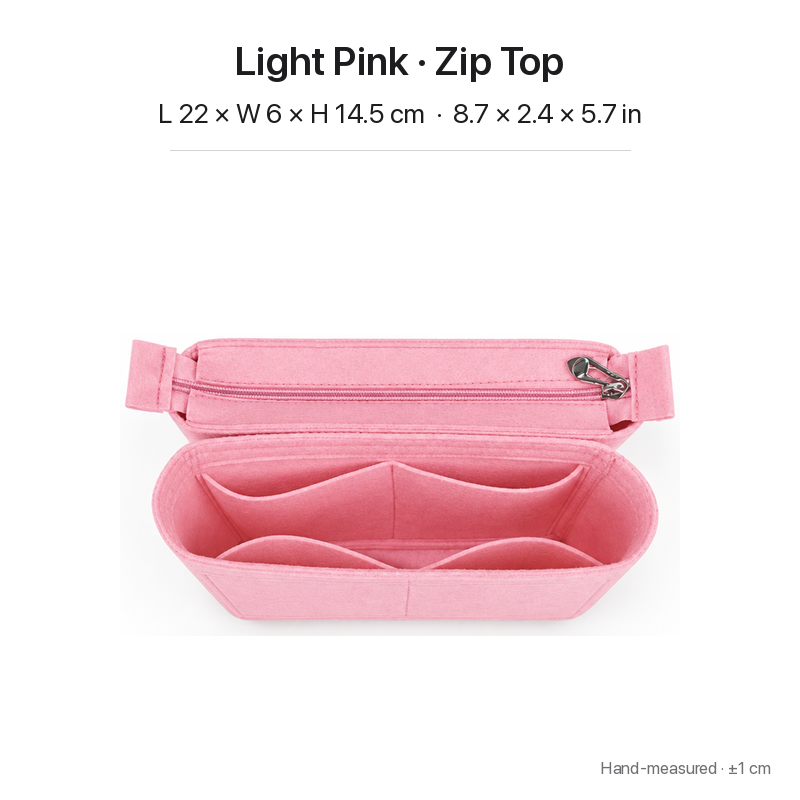 Light pink felt bag organizer insert for Louis Vuitton NeoNoe MM, zipper top, two-section top view
