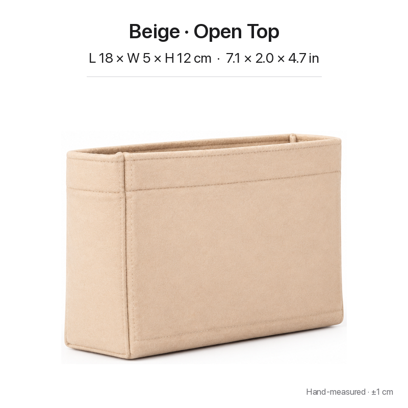 Beige felt bag organizer insert for Louis Vuitton Locky BB, open top, side view of the boxy shape