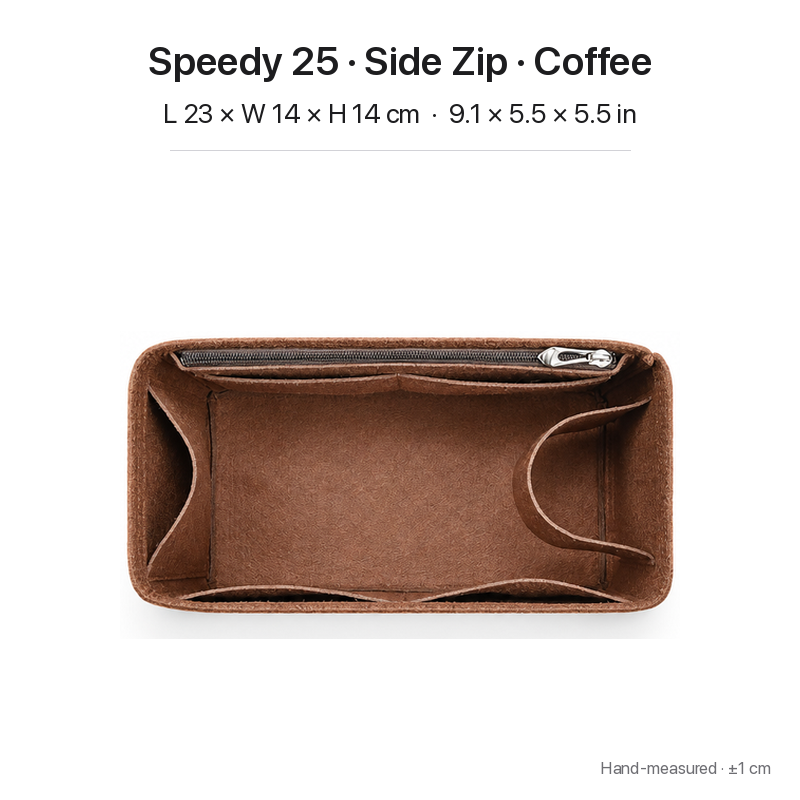 Coffee felt bag organizer insert for Louis Vuitton Speedy 25, side zipper layout, top view showing pockets
