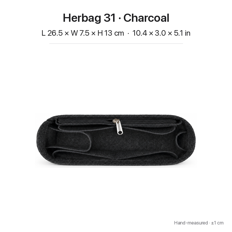 Charcoal felt bag organizer insert for Hermès Herbag 31, zipper pocket, top view showing pockets
