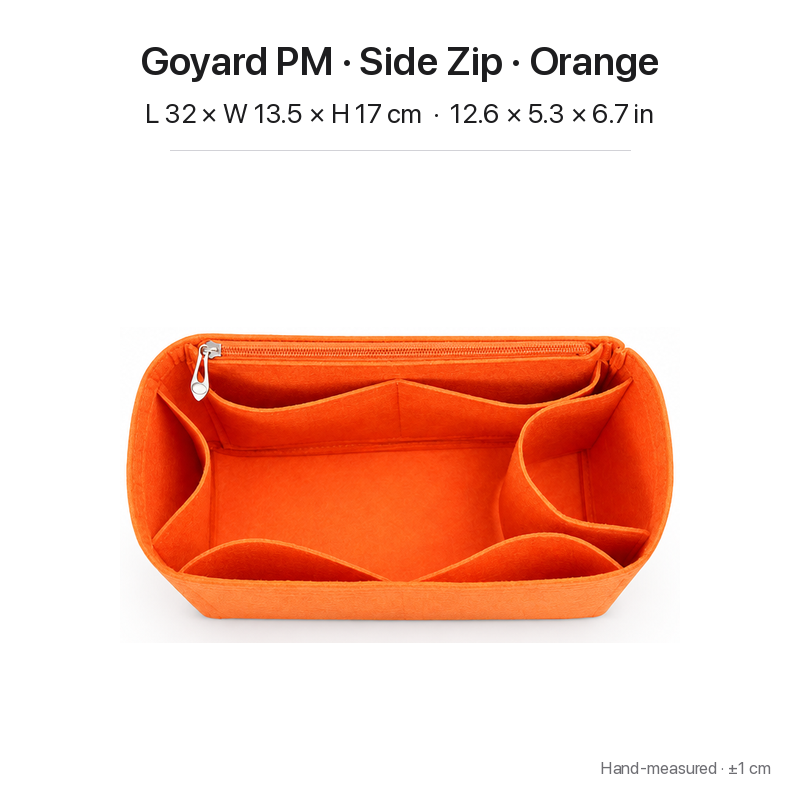 Orange felt bag organizer insert for Goyard Saint Louis PM, side zipper layout, top view showing pockets