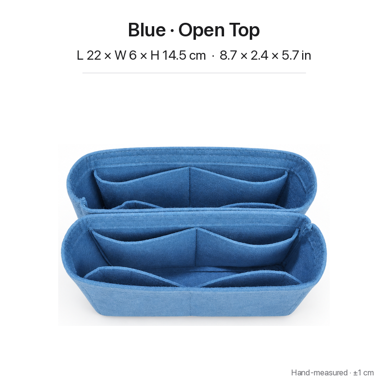 Blue felt bag organizer insert for Louis Vuitton NeoNoe MM, open top, two-section top view