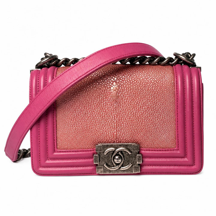 Chanel Boy Bag in pink galuchat with pink leather body and aged silver-tone hardware, front view