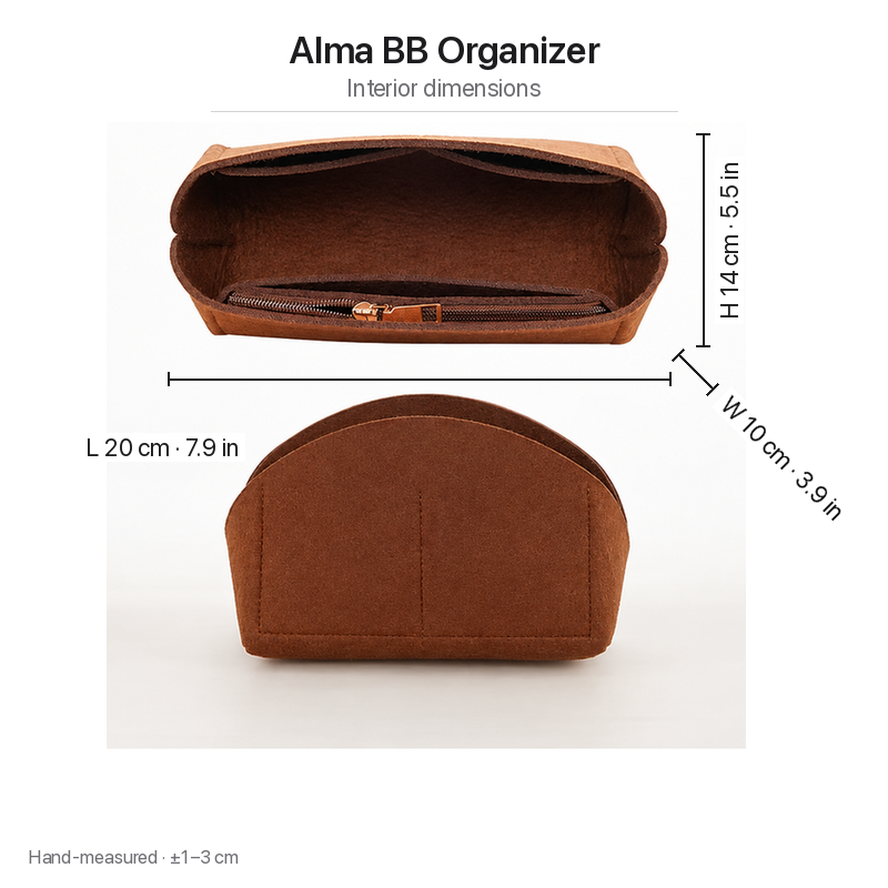 Coffee Alma BB felt insert measurements: length 20 cm, width 10 cm, height 14 cm