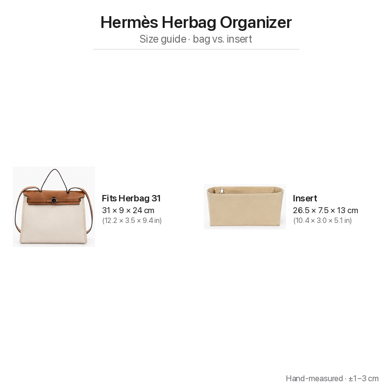 Herbag 31 size chart: bag 31 x 9 x 24 cm next to the matching felt insert