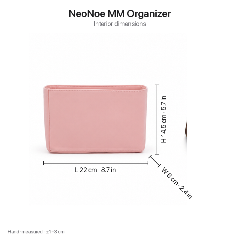Pink NeoNoe MM felt insert measurements: length 22 cm, width 6 cm, height 14.5 cm