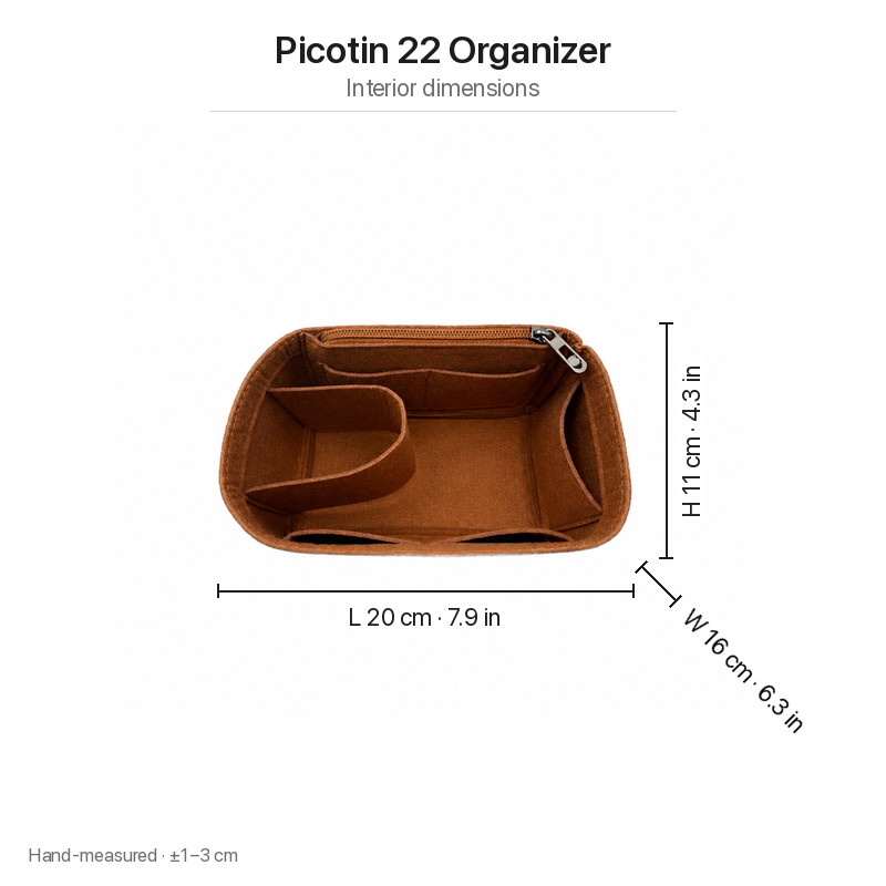 Brown Picotin 22 felt insert measurements: length 20 cm, width 16 cm, height 11 cm