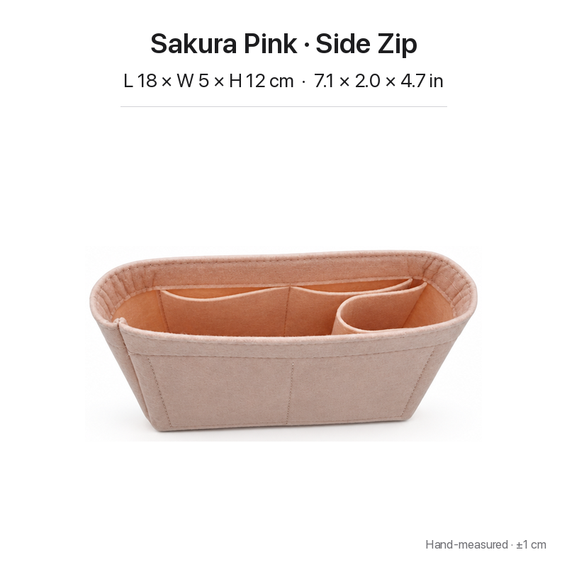Sakura pink felt bag organizer insert for Louis Vuitton Locky BB, side zipper layout, angled view