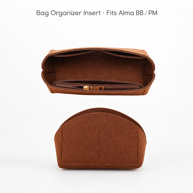 Coffee felt organizer insert for Louis Vuitton Alma BB and PM, top view with zipper pocket and curved front view