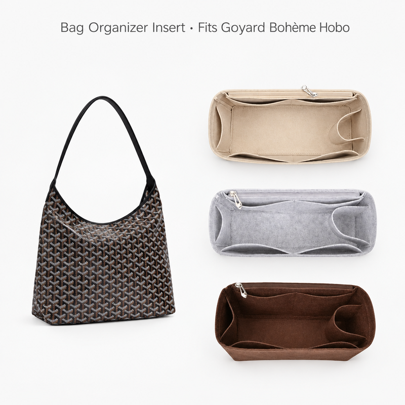 Khaki, light gray and coffee felt organizer inserts for Goyard Bohème Hobo beside the bag, with a fit caption