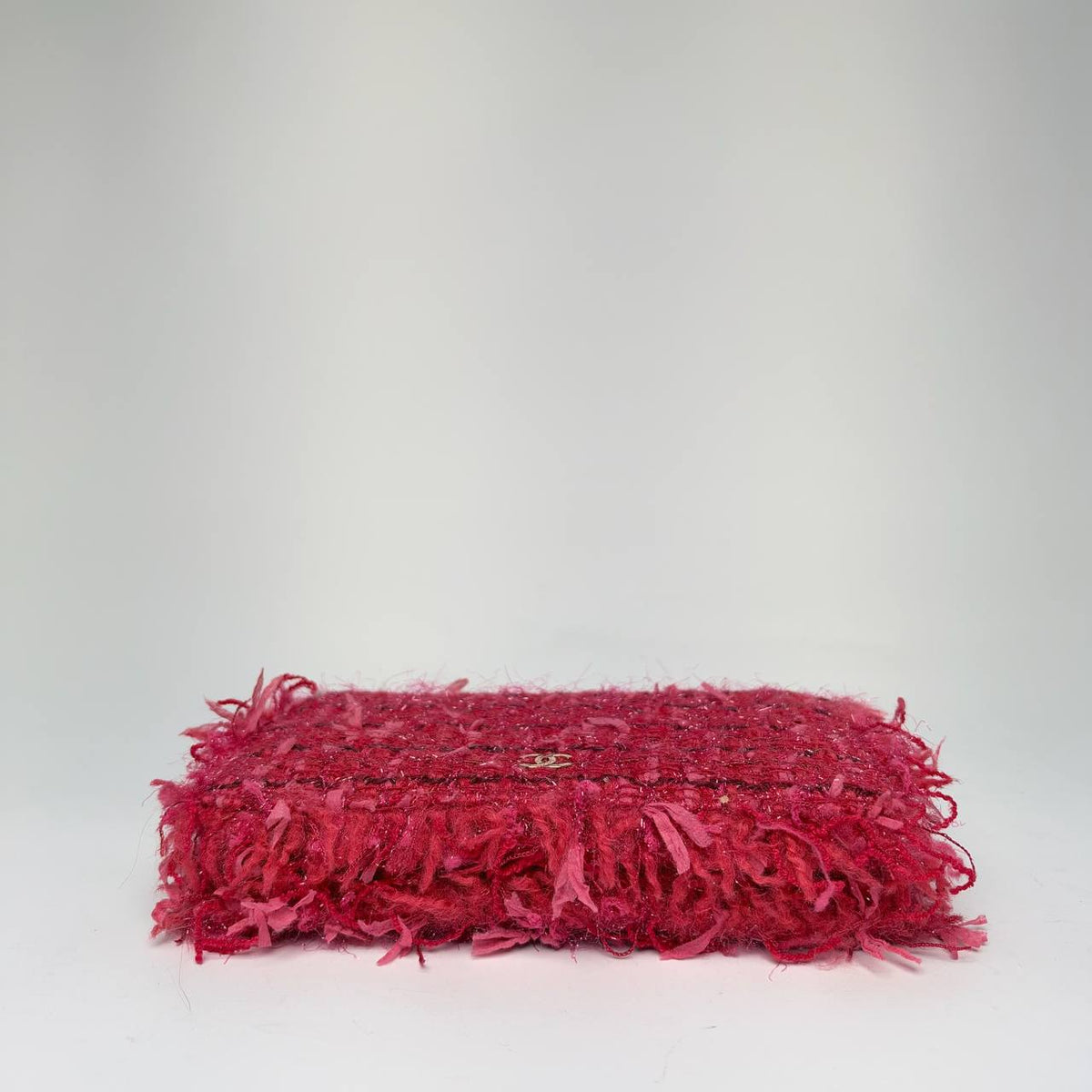 Chanel Tweed Wallet on Chain red and pink, base view of the fringed tweed