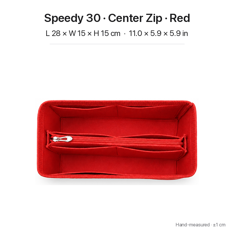 Red felt bag organizer insert for Louis Vuitton Speedy 30, center zipper layout, top view showing pockets