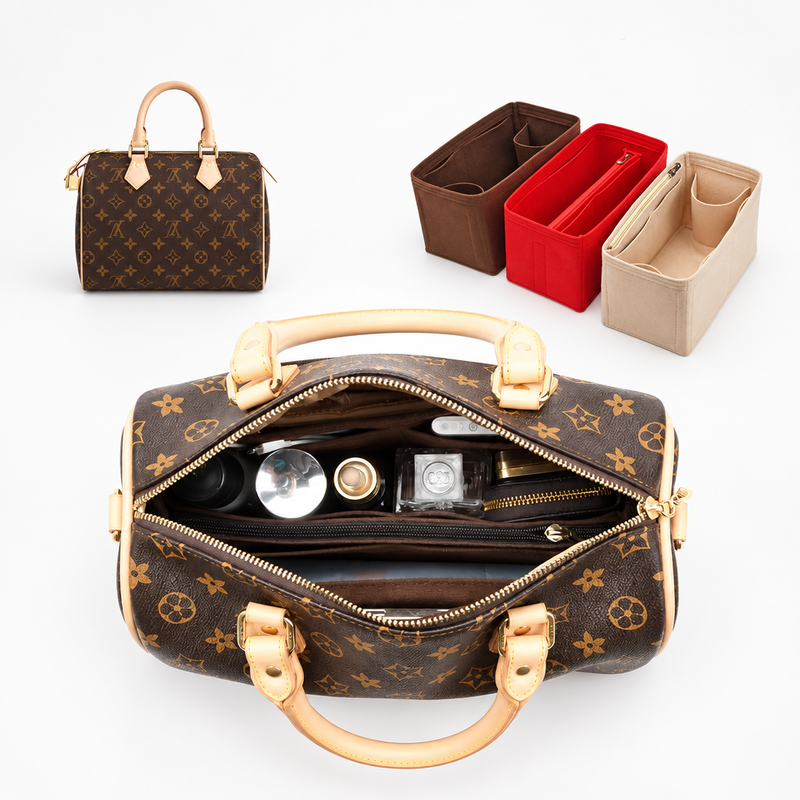 Coffee felt insert shown inside a Louis Vuitton Speedy from above, plus coffee, red and beige inserts