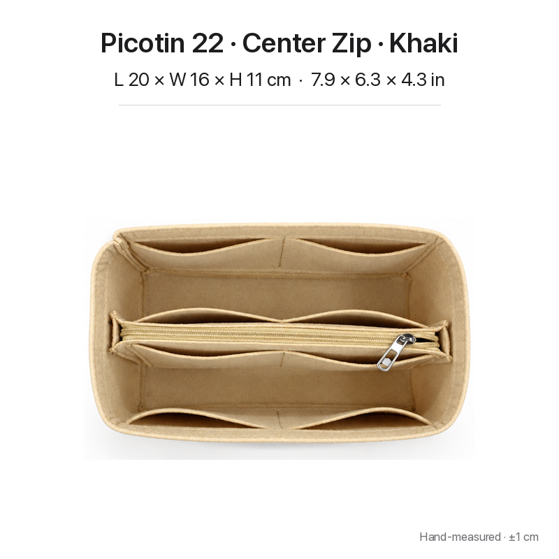 Khaki felt bag organizer insert for Hermès Picotin 22, center zipper layout, top view showing pockets
