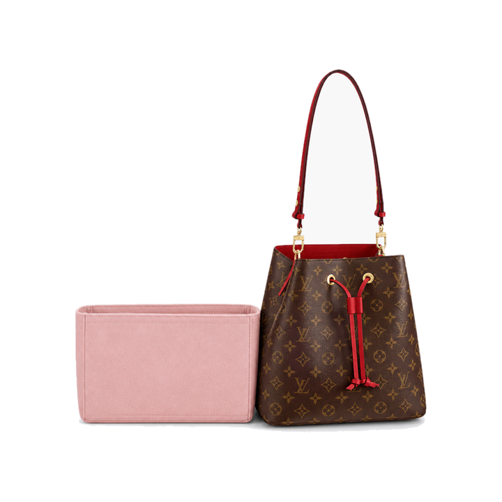 Sakura pink felt bag organizer insert shown beside a Louis Vuitton NeoNoe bucket bag (bag not included)